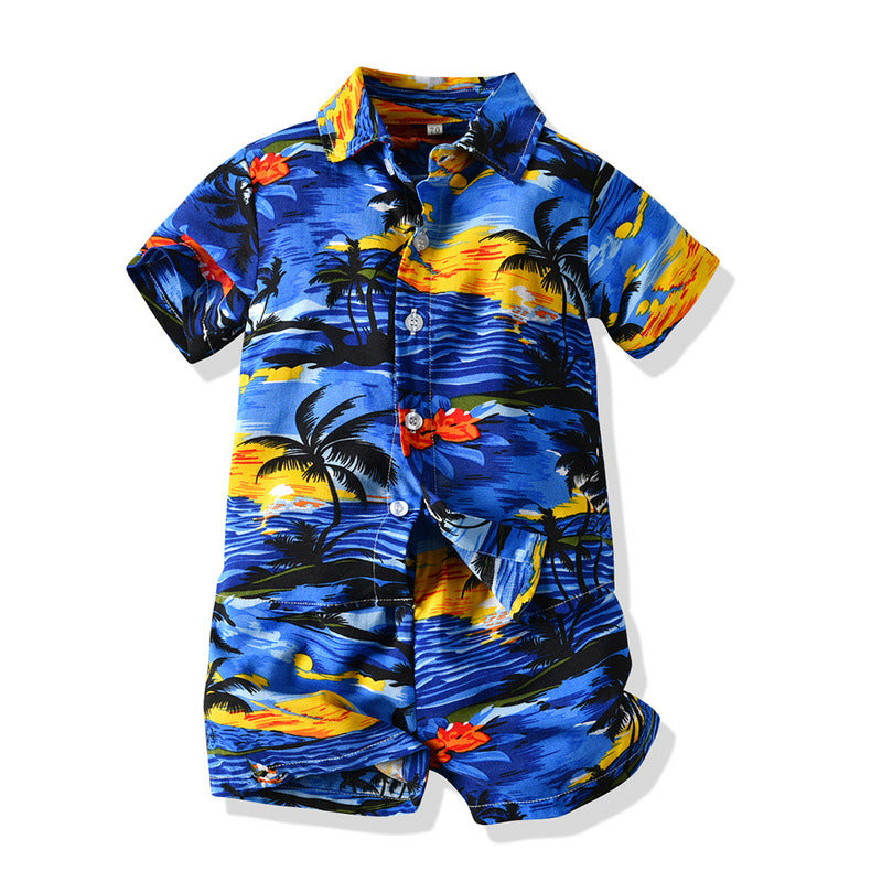 Summer Short Sleeve Printed Shirt Boys' Shorts Casual Two-piece Suit