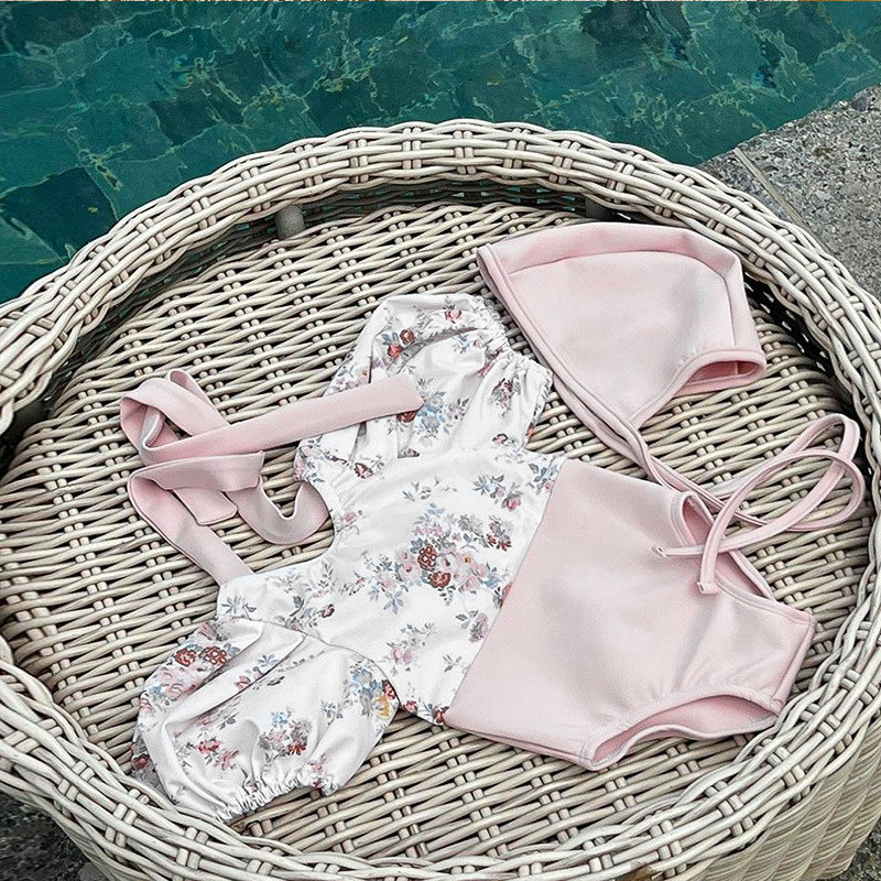 Baby Swimsuit Small Floral One-piece With Hat