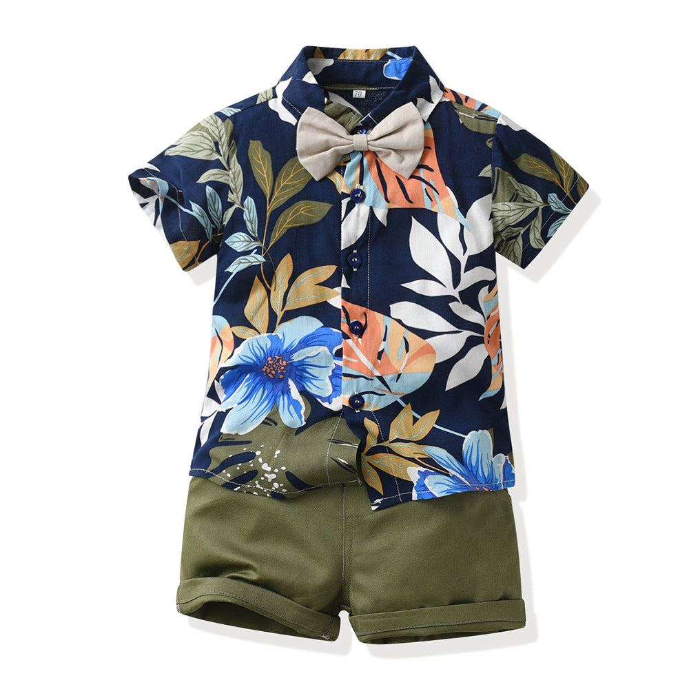 Summer Short Sleeve Printed Shirt Boys' Shorts Casual Two-piece Suit